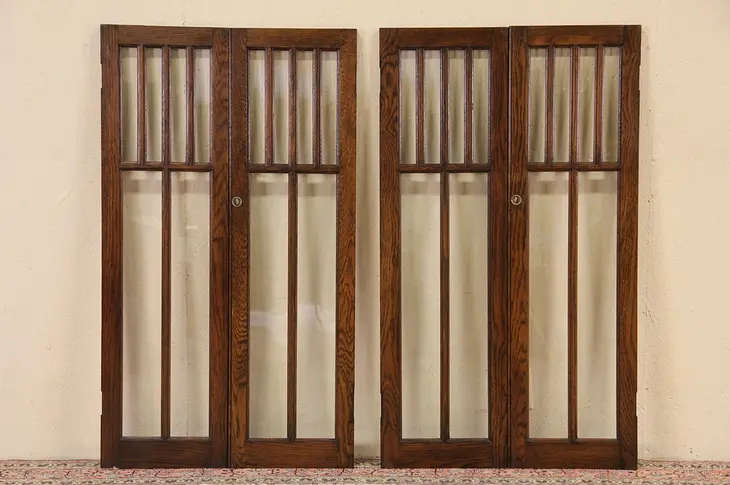Oak 1900 Antique Arts & Crafts 2 Pair Salvage Library Doors