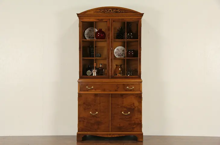 Satinwood 1930's Vintage Bowfront China Cabinet or Bookcase