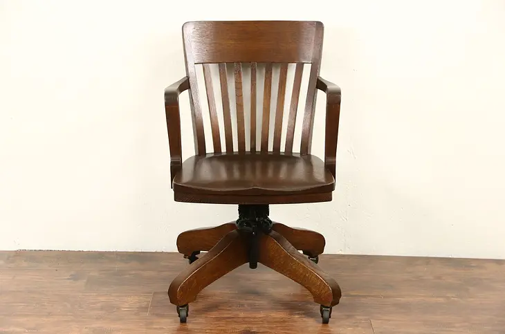 Oak 1910 Antique Swivel Adjustable Desk Chair, 7 Spindle, Signed Milwaukee