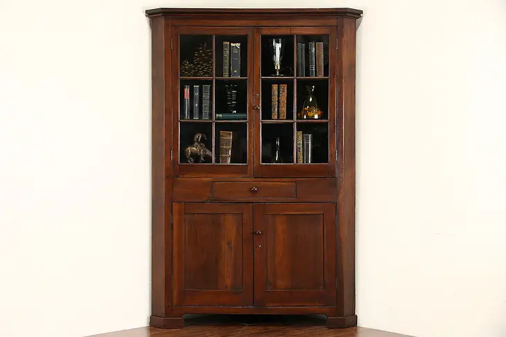 Pennsylvania 1850's Antique Walnut Cupboard Corner Cabinet, Wavy Glass Panes