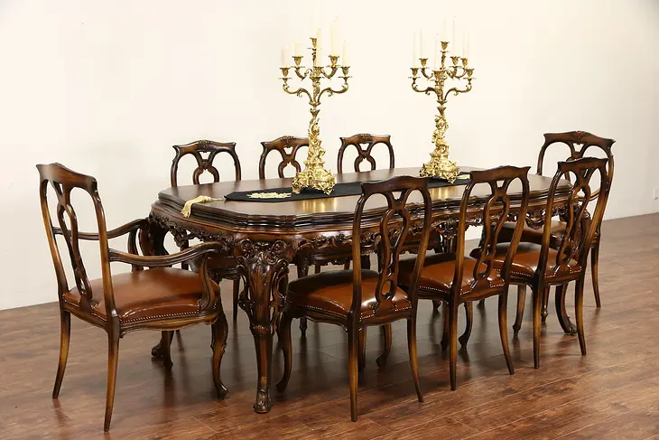 Italian Baroque Carved 1930's Vintage Dining Set, Table & 8 Leather Chairs