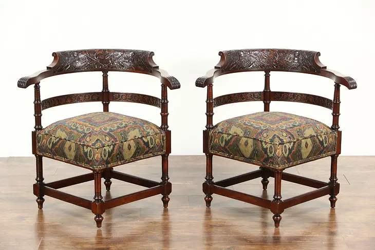 Pair Carved Mahogany Antique 1890 Corner Chairs, New Upholstery