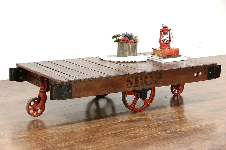 Industrial Salvage 1930 Vintage Factory Cart, Trolley or Coffee Table, Hamilton