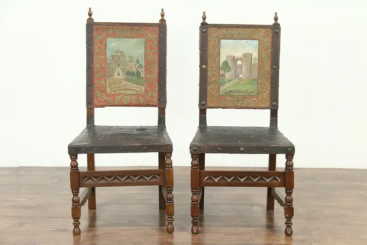 Pair Antique Walnut & Tooled Leather Chairs, Painted Scenes, Avila Spain #28753