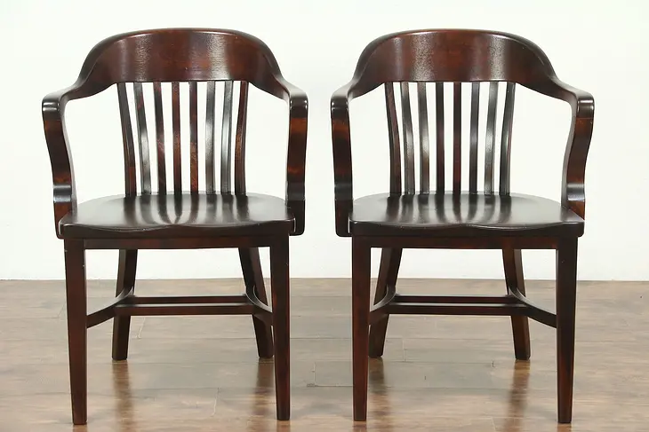 Pair Antique Banker, Library or Office Chairs, Mahogany Finish #28812