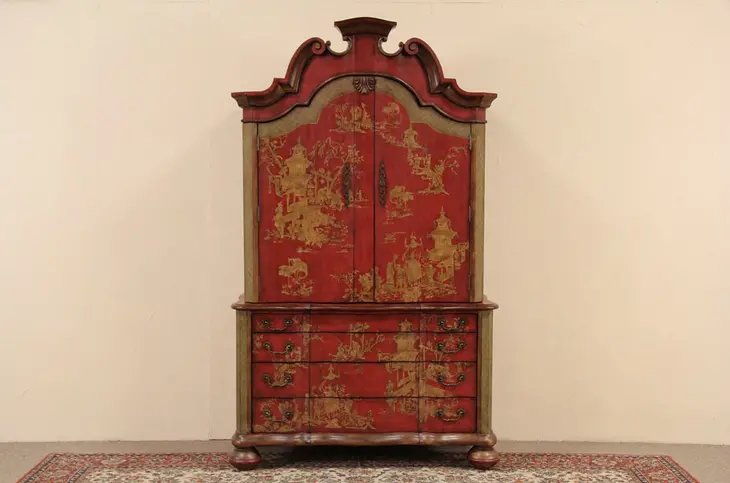 Chinese Hand Painted Vintage Armoire or Entertainment Center