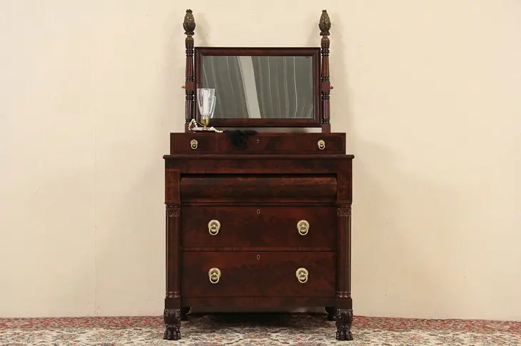 Empire 1820's New York Dresser, Chest or Dressing Table & Mirror, Lion Paw Feet