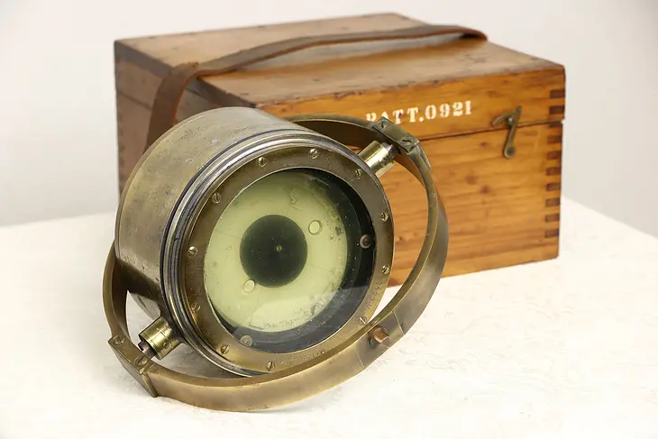 Ship Compass & Case, Brass 1920's Antique Nautical Instrument, Liquid Filled