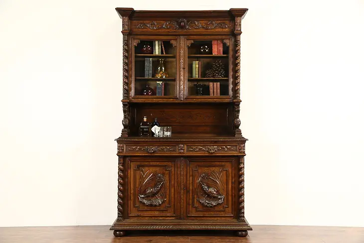 Black Forest 1880 Antique Oak Bookcase or Server & China Cabinet, Carved Birds