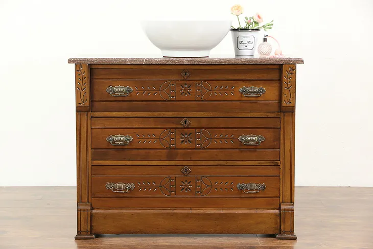 Victorian Eastlake Cherry Antique 1890 Chest or Dresser, Marble Top