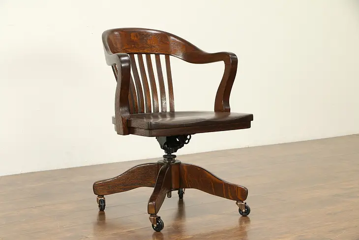 Swivel Adjustable Quarter Sawn Oak Antique Office Desk Chair, Taylor #31940