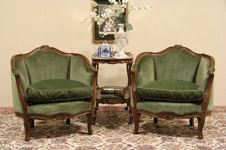 Country French Carved 1950 Vintage Pair of Chairs, Down Cushions