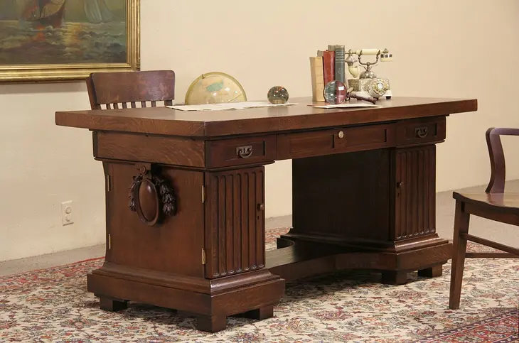 Oak 1920 Antique Partner Writing Desk Library Table
