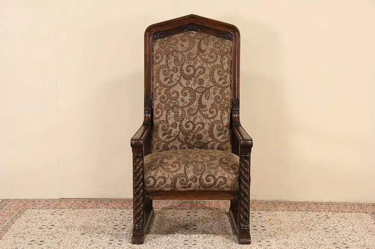 Northwestern University 1900 Carved Oak Throne or Hall Chair, New Upholstery