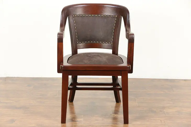 Banker Armchair, 1920 Antique Mahogany & Leather, Signed Milwaukee Chair