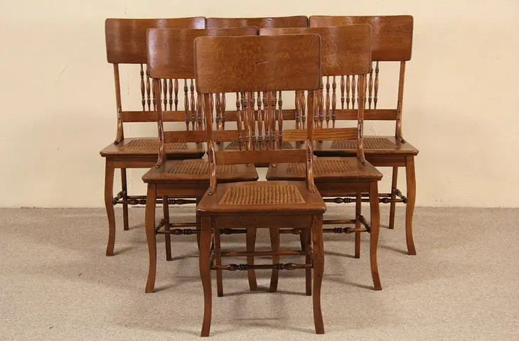 Set of 6 Oak 1900 Antique Dining Chairs, Cane Seats