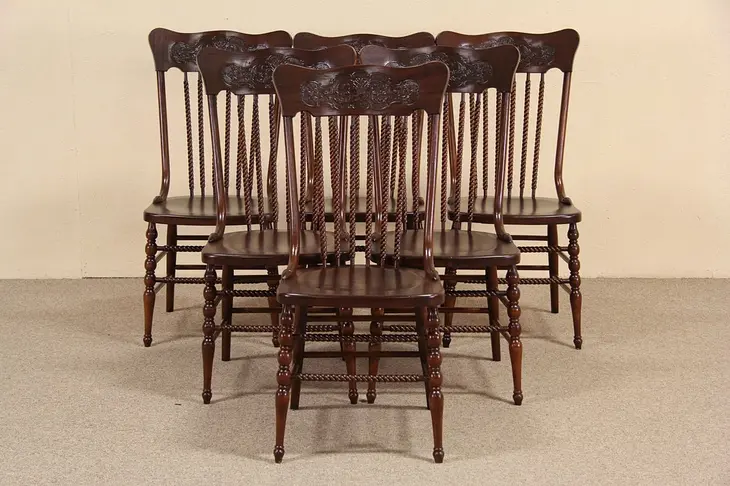 Set of 6 Press Back Carved 1900 Dining Chairs, Spiral Spindles