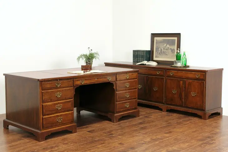 Executive Library Credenza and Desk Set, Signed Vintage Banded Walnut