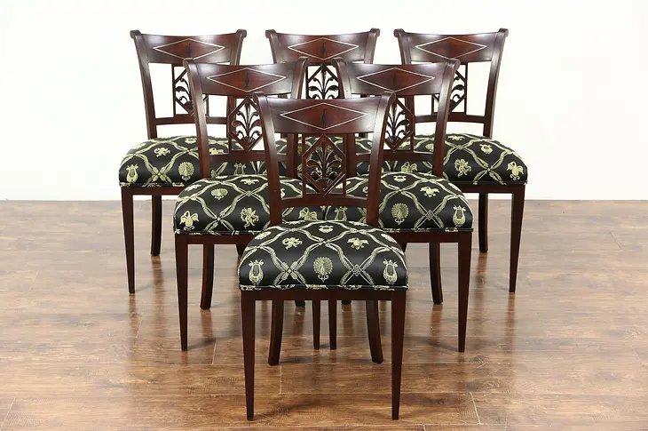 Set 6 French Empire 1820's Antique Dining Chairs, New Upholstery, Signed Chapuis