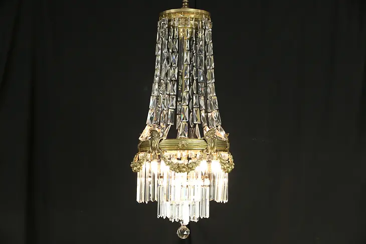 Brass & Crystal Prisms Antique 1910 Chandelier