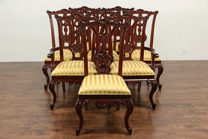 Set of 8 Georgian Style Vintage Carved Mahogany Dining Chairs, New Upholstery