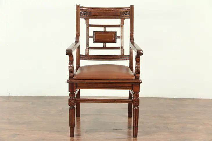 Victorian Eastlake Antique Walnut Desk or Library Chair, New Leather #28976