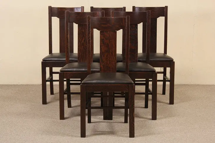 Set of 6 Arts & Crafts Mission Oak Antique 1905 Leather Dining Chairs
