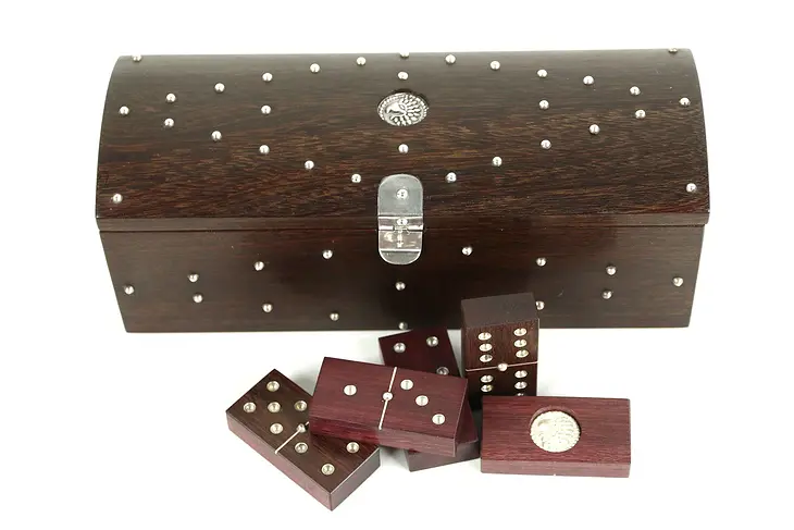 Dominoes Game Set Purple Heart, Eagle Silver Mounts, Rosewood Case