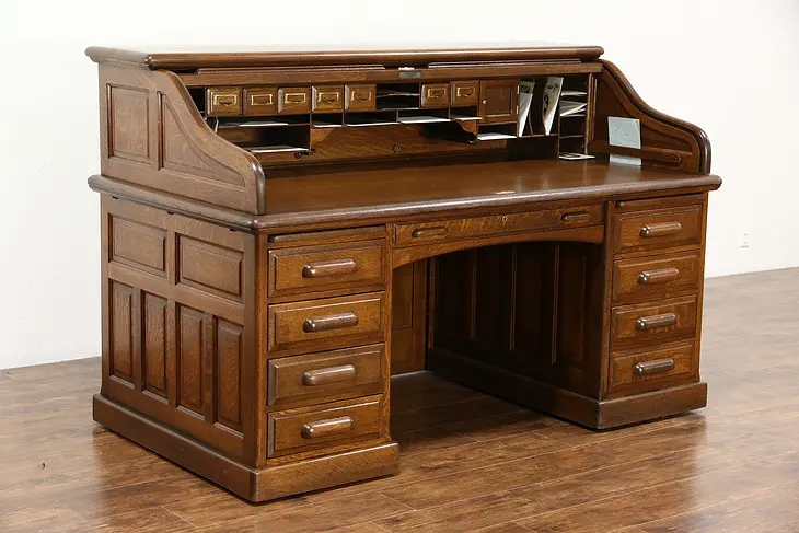 Oak Quarter Sawn Antique 1895 Roll Top Desk, Raised Panels
