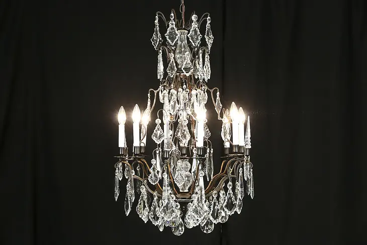 Patinated Brass 8 Candle Antique 1890's Chandelier, Electrified, Crystal Prisms