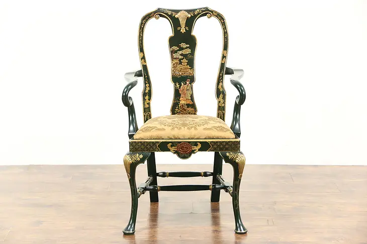 Chinese Style Hand Painted Vintage Chair with Arms, Dark Green