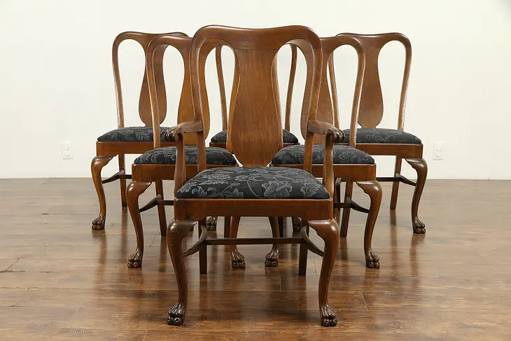 Set of 6 Quarter Sawn Oak Antique Dining Chairs, Carved Paw Feet #31694