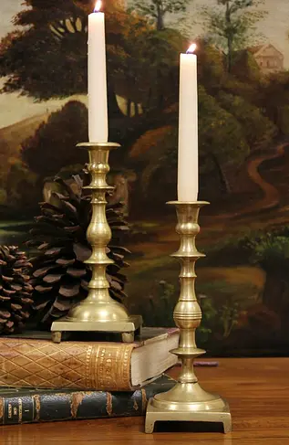 Two Similar 1840 Antique English Brass Candlesticks
