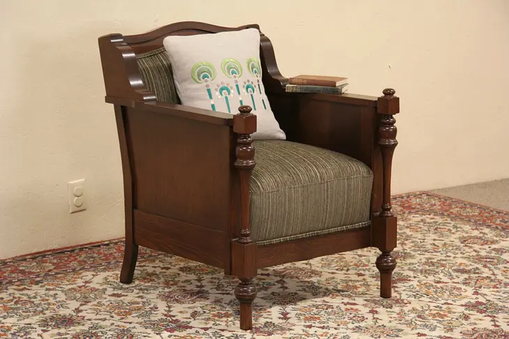 Oak Antique 1915 Chair, Newly Upholstered
