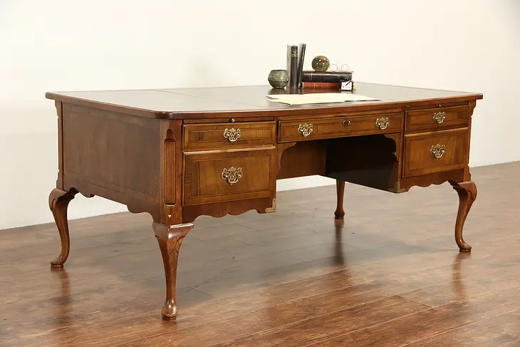 Library or Executive 6' Vintage Writing Desk, Leather Top, Signed Rway