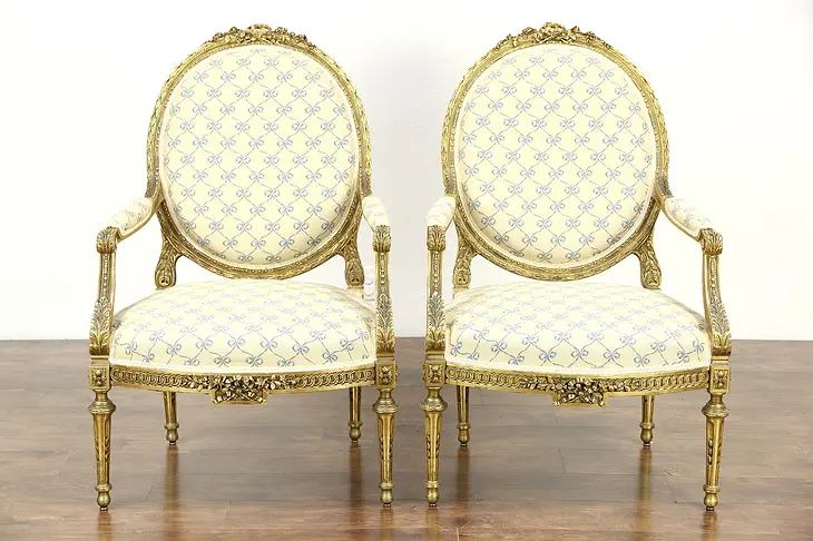 Pair of Carved Burnished Gold Louis XVI French Style Large Vintage Chairs