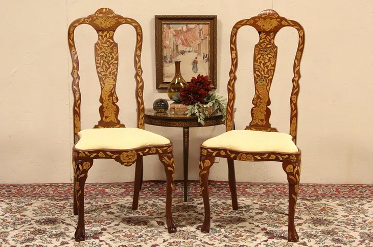 Pair of Dutch Colonial Antique 1890 Marquetry Chairs