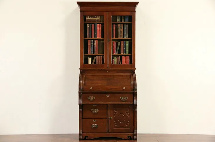 Oak 1895 Antique Cylinder Roll Top Secretary Desk & Bookcase