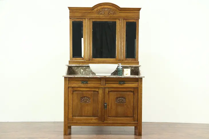 Oak & Marble Top Antique Washstand, Bar, Vessel Sink Vanity, Beveled Mirrors