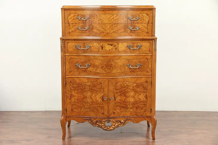 Satinwood Antique Tall Chest on Chest or Highboy, Marquetry, Rockford #29832