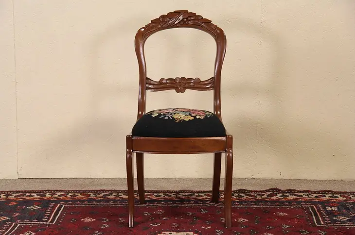 Victorian 1850 Antique Carved Desk or Side Chair, Black Needlepoint