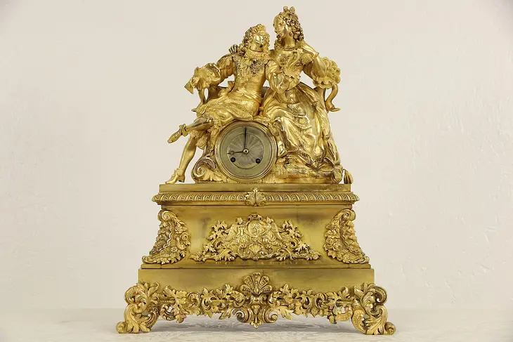 French Gilt Bronze Figural 1820's Antique Silk Suspension Mantel Clock