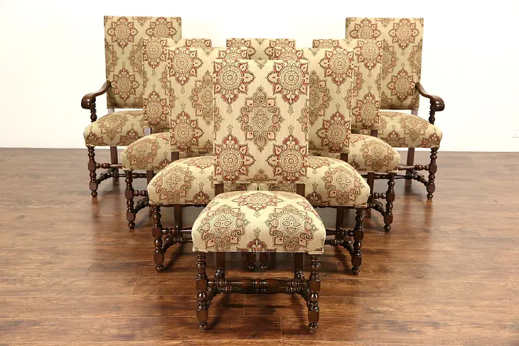 Set of 8 Antique 1915 Walnut Scandinavian Dining Chairs, New Upholstery
