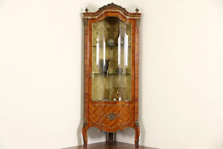 Italian Rosewood & Tulipwood Marquetry Curved Glass Vintage Curio Corner Cabinet