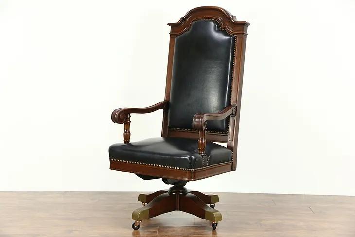 Judge Swivel 1915 Antique Walnut & Leather Desk Chair, Signed Johnson