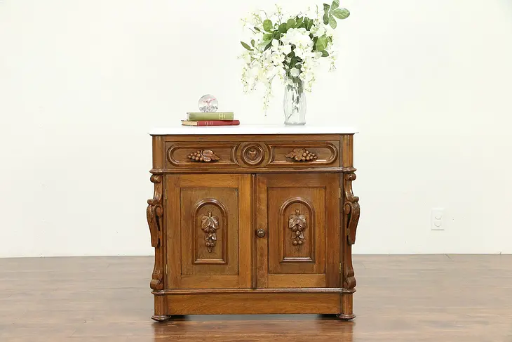 Victorian Antique Walnut Chest or Commode, Carved Grapes, Marble Top  #30442