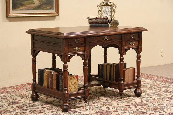 Victorian Eastlake 1880 Antique Carved Writing Desk, Bookshelves