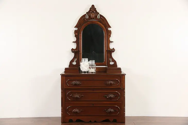 Victorian 1870 Antique Walnut Chest or Dresser Jewel Boxes, Mirror, Carved Pulls