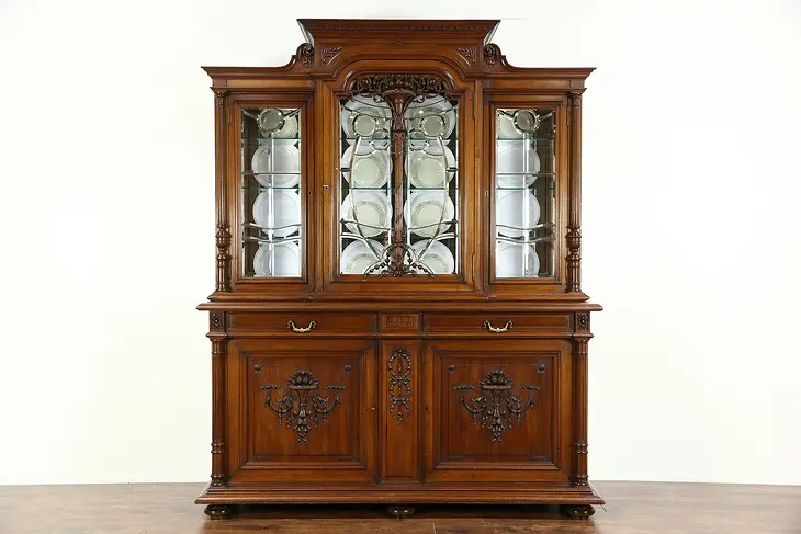 Carved Walnut 1890's Antique Back Bar or China Cabinet, Leaded Glass Windows