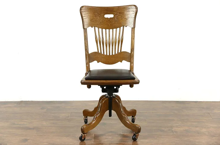 Oak Swivel Adjustable Desk Chair, Leather Seat, Signed Sheboygan & Pat. 1888